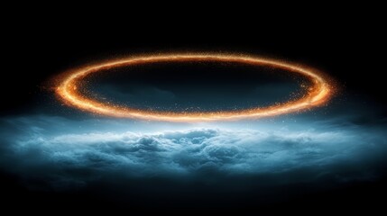 Wall Mural - Glowing orange circle in the sky with a blue background. The circle is surrounded by a cloud of smoke