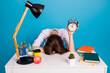 © deagreez - Stressed student holding an alarm clock while sitting at a desk with study materials on a blue background