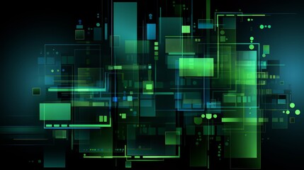 Wall Mural - Green and blue image of a cityscape with many squares and rectangles. The image has a futuristic and technological feel to it