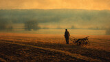 Historic farming moment in a rustic landscape at dawn