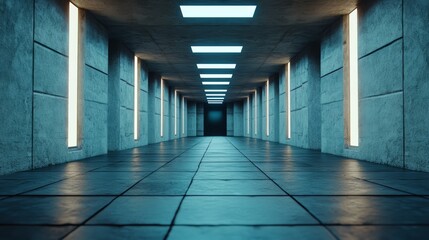 Wall Mural - long, empty hallway with a blue ceiling and white walls. the light is on and the floor is tiled