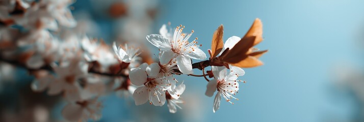 Springtime blossoms on tree branch with blue sky background