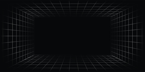 Poster - Futuristic perspective grid box. Abstract wireframe with white grid line on black background. Virtual reality landscape in 80s 90s digital style. Vector