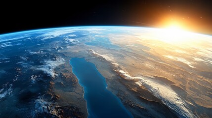 Wall Mural - the sun is setting over the earth, casting a warm glow over the land. the sky is a deep blue, with a