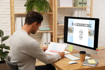 E-learning concept. Man studying online using computer at desk