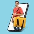 © New Africa - Food delivery service worker with thermo bag sticking out of mobile phone display against light blue background. Online order