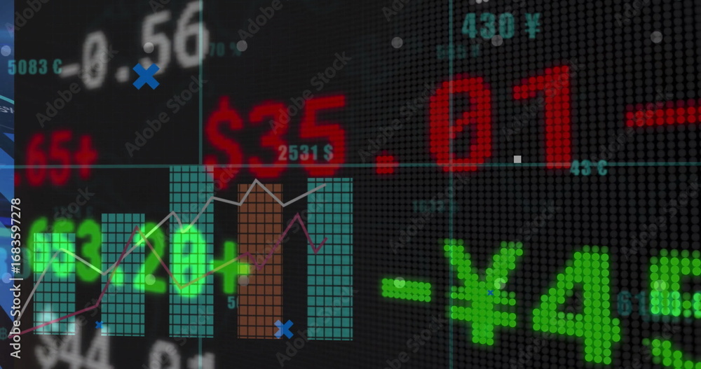 Displaying screen in data center, showing ticker values with currency ...