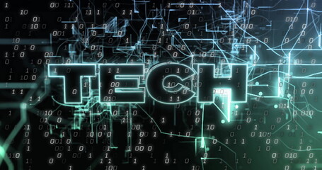 Wall Mural - Illuminating neon text TECH featuring data-network, streaming binary code and glowing energy trails