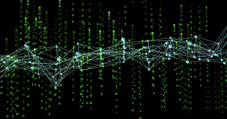 Wall Mural - Pulsing teal node network flowing through cyberspace, with connecting lines and green binary digits