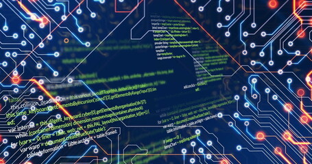 Wall Mural - Glowing neon circuit board pattern overlaying code interface, with program code and glowing nodes