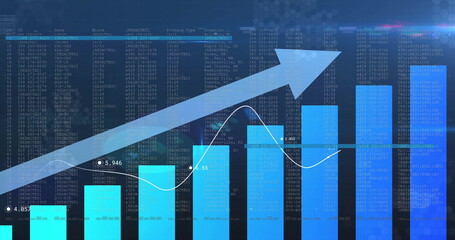Wall Mural - Showing blue ascending bar chart on analytics dashboard, with arrowed line graph and code matrix