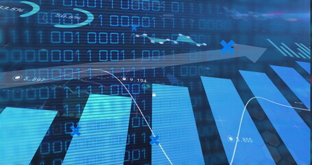 Wall Mural - Displaying blue bars rising at center on digital dashboard, with binary code and white line graph
