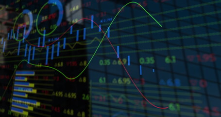 Wall Mural - Displaying chart on trading screen showing blue candlesticks, green and red trend lines and tickers