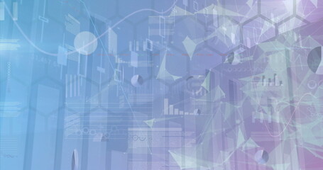 Wall Mural - Data dashboard displaying translucent bar charts, line graphs and network nodes on control panel