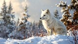 A serene arctic fox sits amidst a snowy landscape, bathed in the soft sunlight of a winter day.