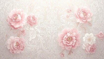  Delicate pink peonies on a light gray damask background
