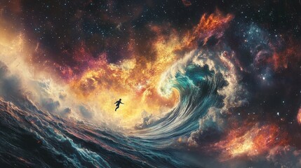 Wall Mural - A tiny figure surfing on a gigantic cosmic wave in outer space 
