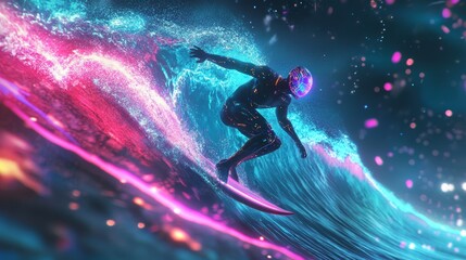 Wall Mural - A neon cyber-wave with a digital holographic surfer