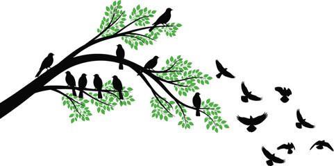 vector illustration of birds sitting on tree branch with green leaves and flying away, symbol of nat