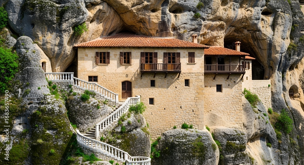 Historic Stone Monastery Built into Cliff Face with Terracotta Roof and ...