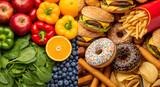 Juxtaposition of healthy fruits and vegetables versus unhealthy fast food and sweets