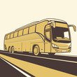 © Miasahin - Stylized illustration of a modern yellow tour bus traveling on a road with brown and white lines