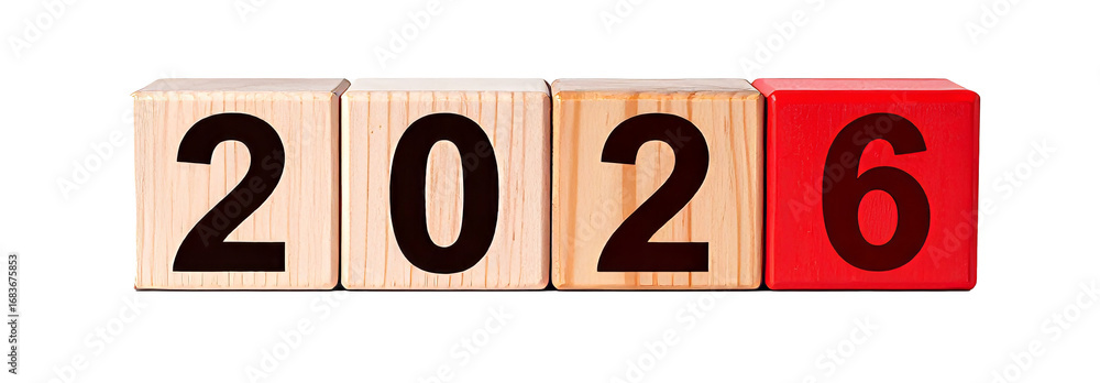 Wooden cubes showing the year 2026 on reflective surface Stock Photo ...