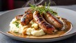 © Hashim - Bangers and Mash, a classic British dish with savory sausages and creamy mashed potatoes, drizzled with rich gravy.