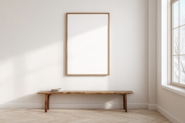 Wall Mural - Minimalist Interior Scene Featuring Empty Frame and Wooden Bench
