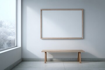 Wall Mural - Minimalist Interior Scene with Empty Frame and Wooden Bench