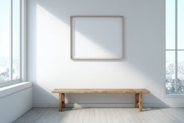 Wall Mural - Minimalist Interior Scene with Empty Frame and Wooden Bench