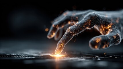 Wall Mural - glowing neural network hand shape interacting with virtual surface