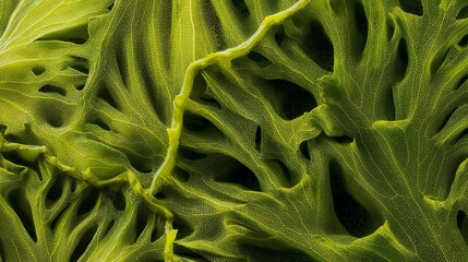 Extreme close-up of a leaf underside revealing intricate veins and textures,