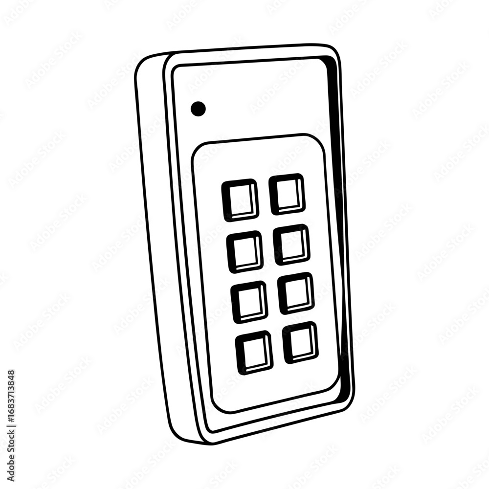 Outline drawing of a rectangular device with a keypad and a small dot ...