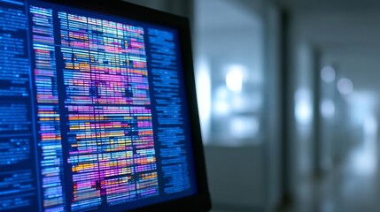 A computer monitor displays colorful block codes resembling digital information in an abstract manner with a blurred bac