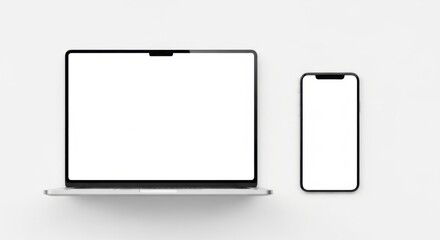 Modern laptop and smartphone devices displaying blank screens against a clean white background, perfect for showcasing digital content