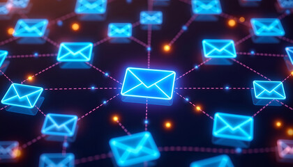 Digital glowing network with email icons connected by lines creating futuristic communication concept
