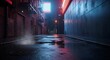 © Rockesih - Neon lit wet urban street at night with vibrant light reflections on puddles, creating a dramatic cyberpunk city scene.