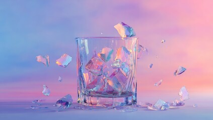 A glass tumbler with iridescent ice cubes, exploding outward in a vibrant pastel background