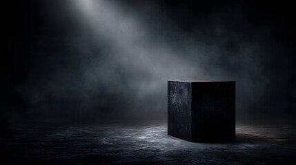 Wall Mural - empty black textured pedestal stands illuminated by a dramatic spotlight in a smoky dark and moody s
