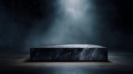 Wall Mural - dark marble rectangular platform illuminated by a soft glow in a mysterious smoky atmospheric backgr