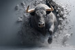 © Artificial South - A powerful bull bursting through a wall, symbolizing strength and determination. The bull has massive horns and an intimidating presence. The wall is broken with the strong impact