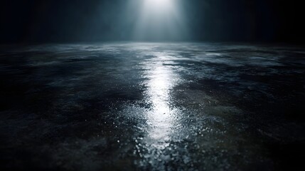 Wall Mural - dark wet and highly reflective floor illuminated by a powerful spotlight creating a dramatic and atm