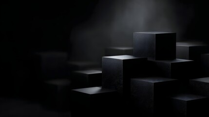 Wall Mural - a dramatic abstract background featuring layered matte black geometric cubes with contrasting shadow