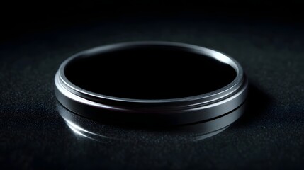 Wall Mural - a sleek circular metallic disc with a dark reflective surface rests on a subtly textured black backg