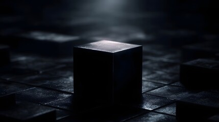 Wall Mural - dark geometric cube resting on a textured grid platform illuminated by a focused spotlight creating 