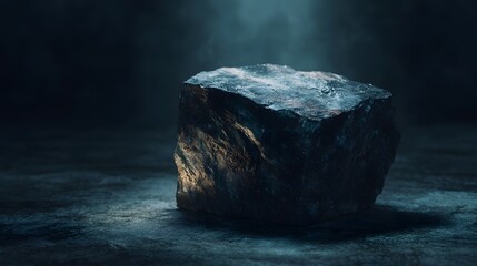 Wall Mural - a dark textured stone block stands dramatically illuminated by a side light on a mysterious smoky su