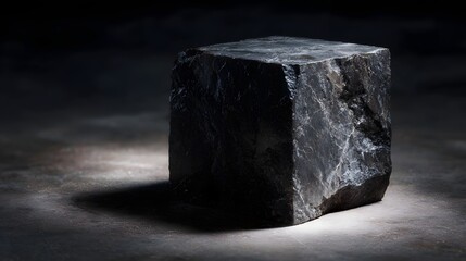 Wall Mural - a dark rough hewn stone block stands prominently on a textured surface illuminated by a dramatic spo