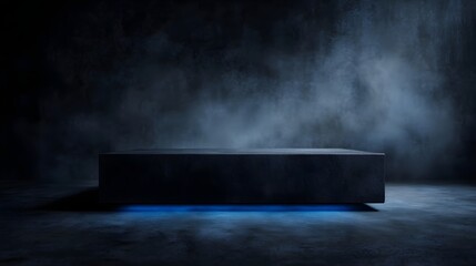 Wall Mural - dark modern rectangular display platform with blue accent lighting and atmospheric smoke in a myster