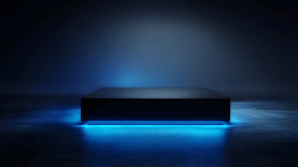 Wall Mural - A sleek dark rectangular platform with vibrant blue accent lighting creates a modern and futuristic product display in a minimalist studio